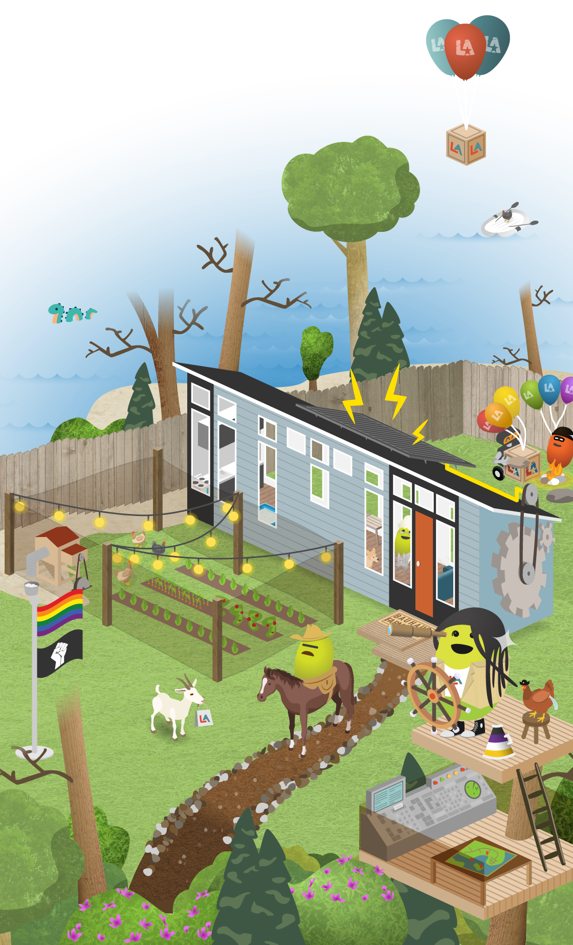 A complex isometric graphic of a farmhouse overlooking the sea. There is a garden, animals like a goat, horse, and chickens. In front of the house is a garden with string lights hung above it. In the backyard a robot carries a box with the Libral Arts logo on it and three balloons tied to the top. In the foreground, Lou is perched atop a treehouse with spyglass and ship's steering wheel. A bank of computers and a map are on the treehouse's level below.